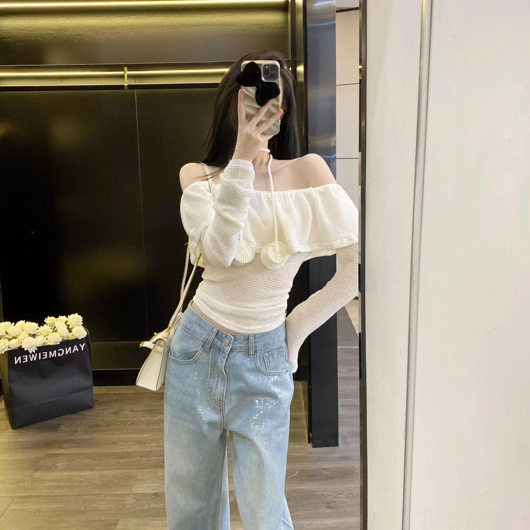 法式高级感小众设计感显瘦绝美一字肩衬衣小衫女秋季高腰休闲裤