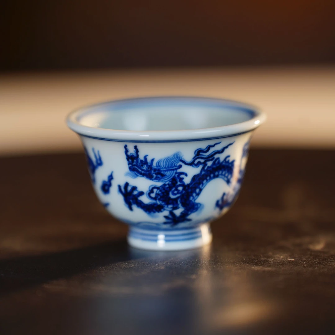 【樊匠造器】柴窑青花龙纹压指杯