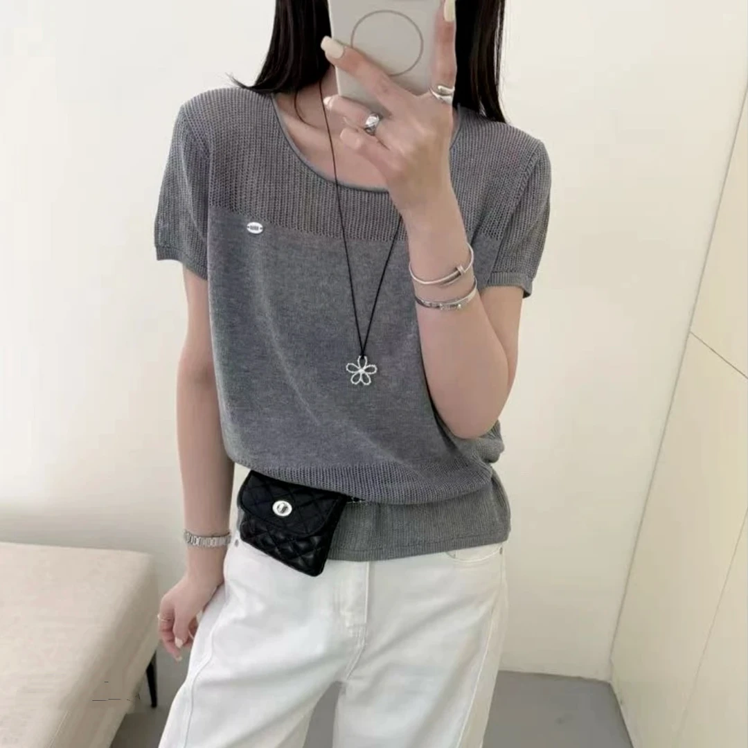 欧洲站2025夏季新款简约纯色短袖圆领镂空薄款针织衫短袖上女T恤