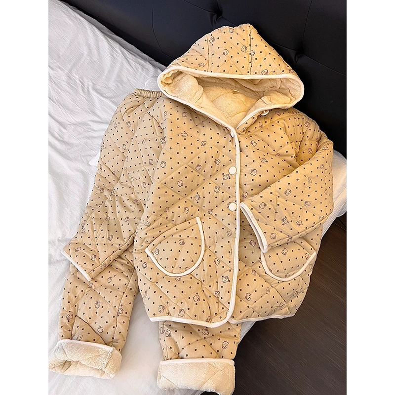 韩系波点卡通kitty夹棉睡衣女冬季新款加绒加厚家居服套装可外穿