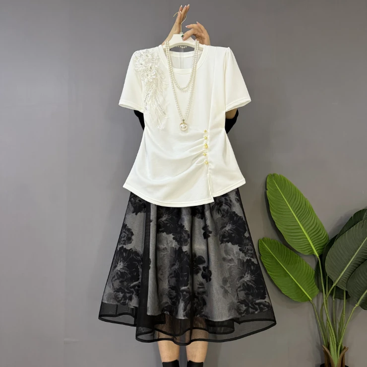 新款大码女装时尚气质圆领重工钉珠百搭上衣十半身裙（可单拍）