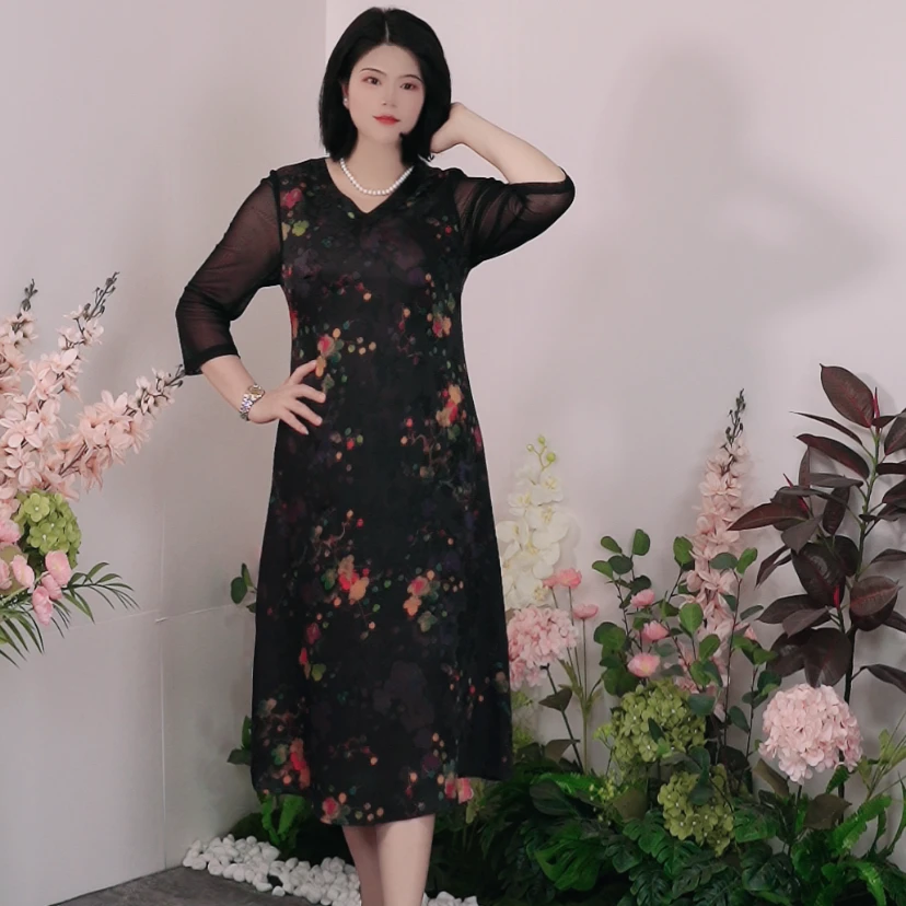 司缪【W3217】轻奢大码女装七彩梅花人丝香云纱a字气质显瘦连衣裙