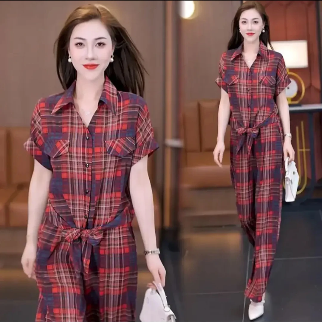 QC7832时尚阔腿裤套装女夏季新款时髦洋气格子显瘦衬衫两件套短袖
