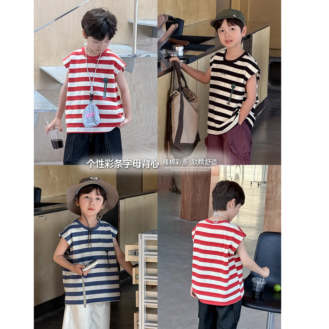 【现货 福利】夏季儿童洋气字母卡通条纹背心宽松撞色无袖25B127