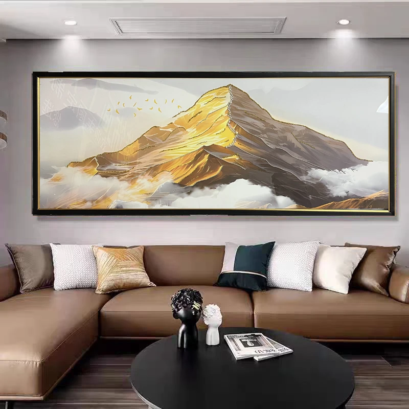 Q66【日照金山】山水客厅轻奢沙发挂画钢化玻璃装裱鎏金画