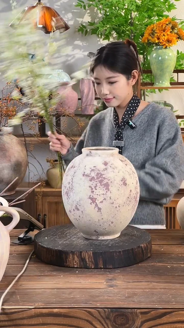 斑点红月亮罐】侘寂风斑驳陶罐水培陶瓷花瓶【口10直径24高24.5cm】