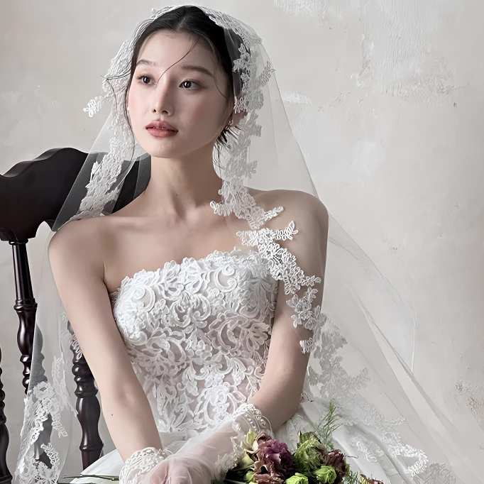 新娘头纱韩式复古简约高级感长款拖尾蕾丝花边摄影造型