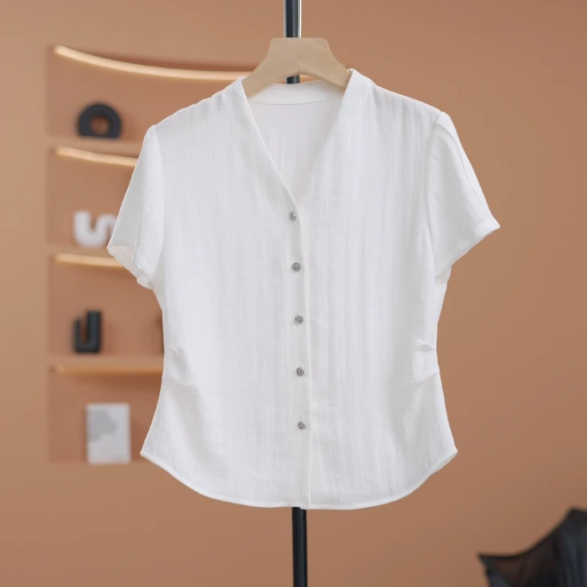 【w】2025夏装新款休闲宽松法式小众上衣V领短袖白衬衣-Y17501