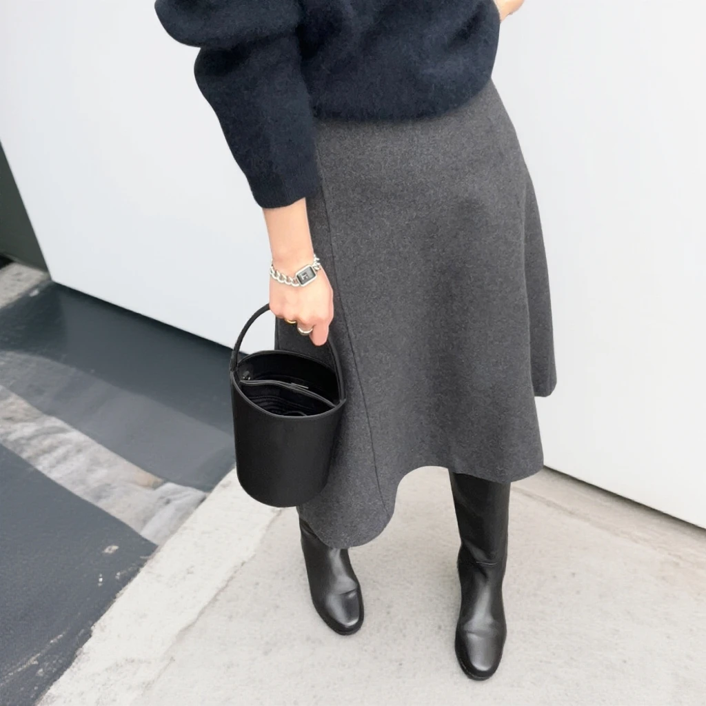 高级感灰色a字中长裙子早秋新款复古百搭宽松垂感毛呢半身裙