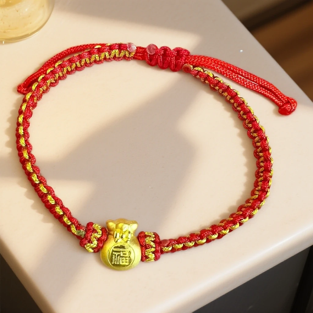 【11特惠购】3D福袋红绳 足金999福气满满老少皆可配带送家人送小孩