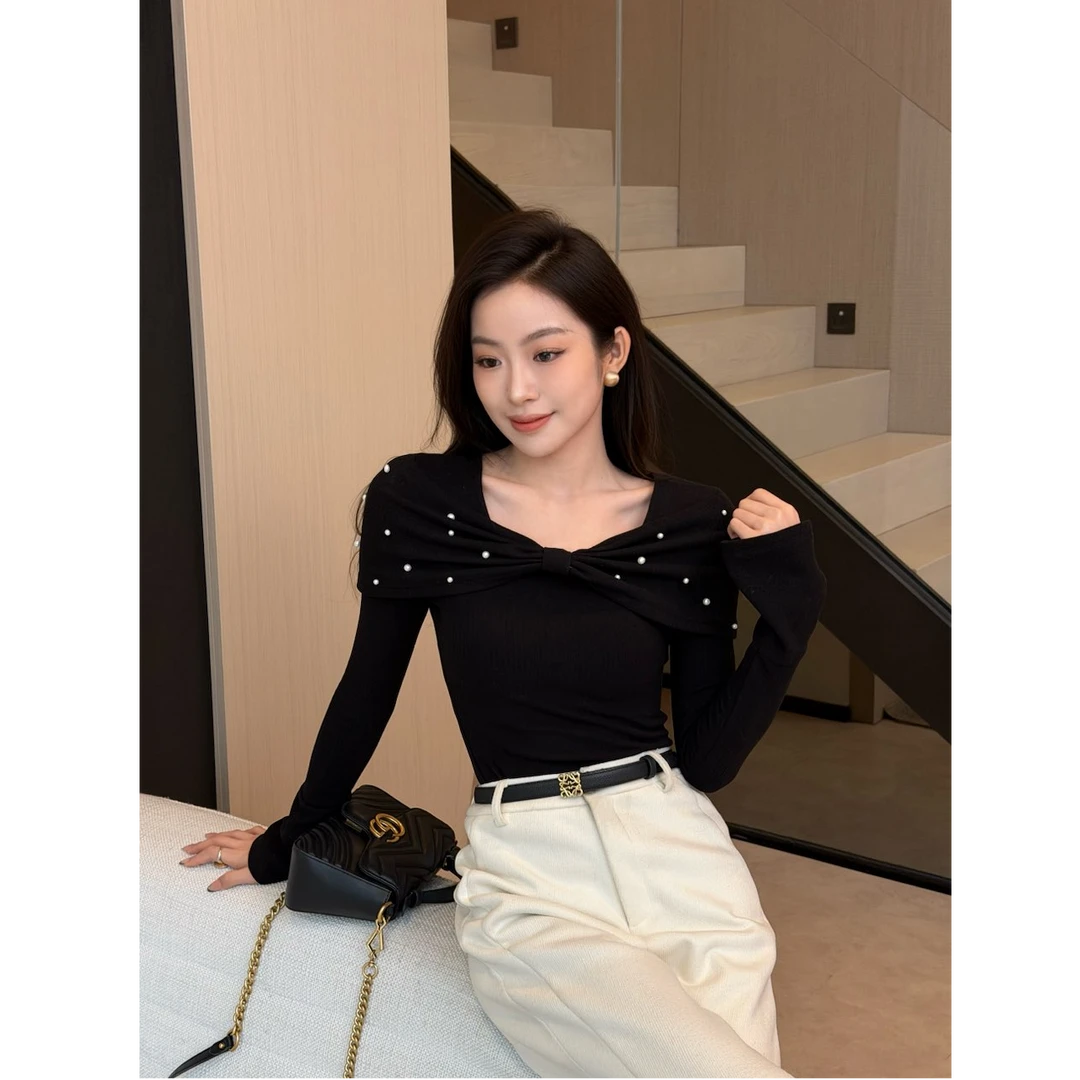 MEINA【文艺复古】法式时尚气质休闲百搭设计感蝴蝶结钉珠毛针织衫