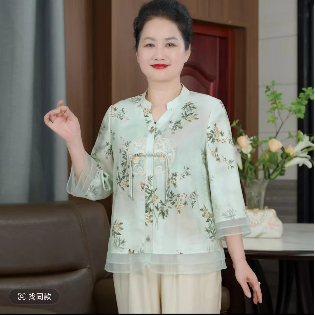 600-中老年女装常规常规款纽扣圆领夏季印花盘扣衬衫小衫