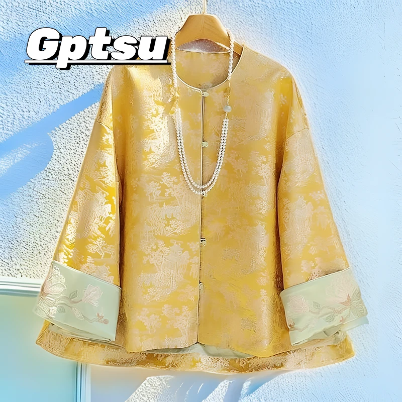 GPTSu春季缎面新中式国风外套上衣女高端复古年轻款刺绣宋锦提花