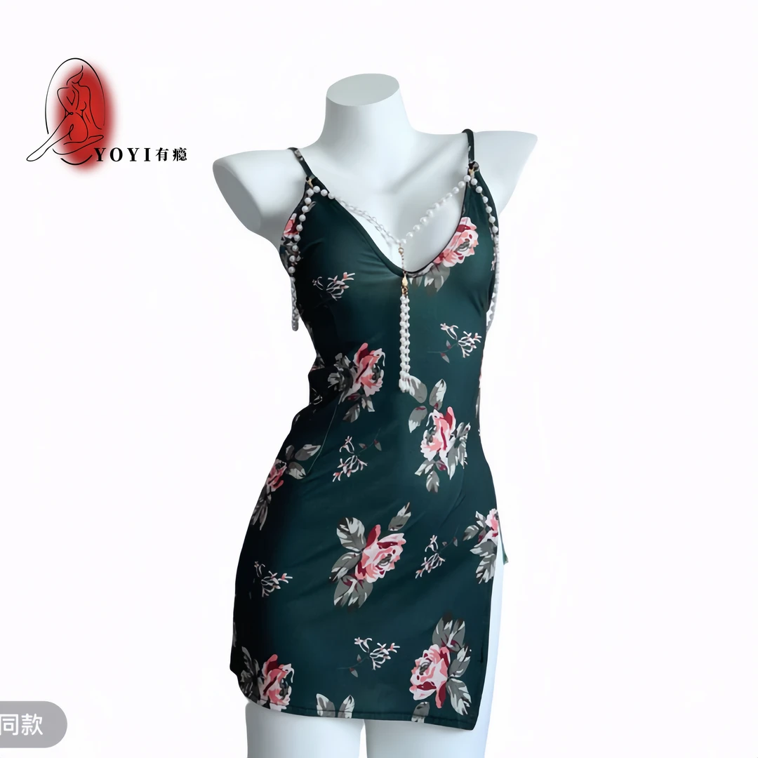 『有瘾YOYI』青蛇 中国风旗袍风珍珠睡裙修身家居服