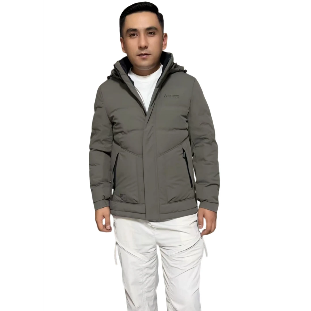 连帽纯色免烫拉链口袋保暖男士羽绒外套加厚男装