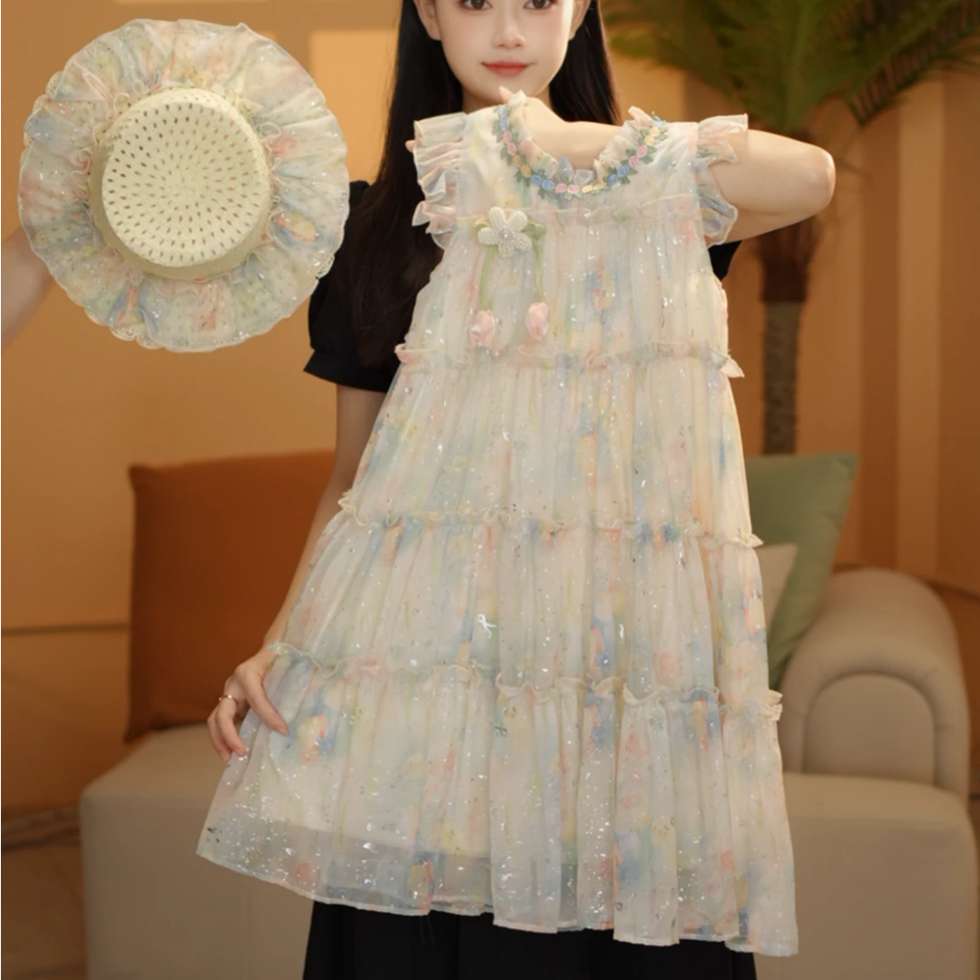 女童双连衣裙2025夏季新款甜美小飞袖花海女孩连衣裙XQZ25137