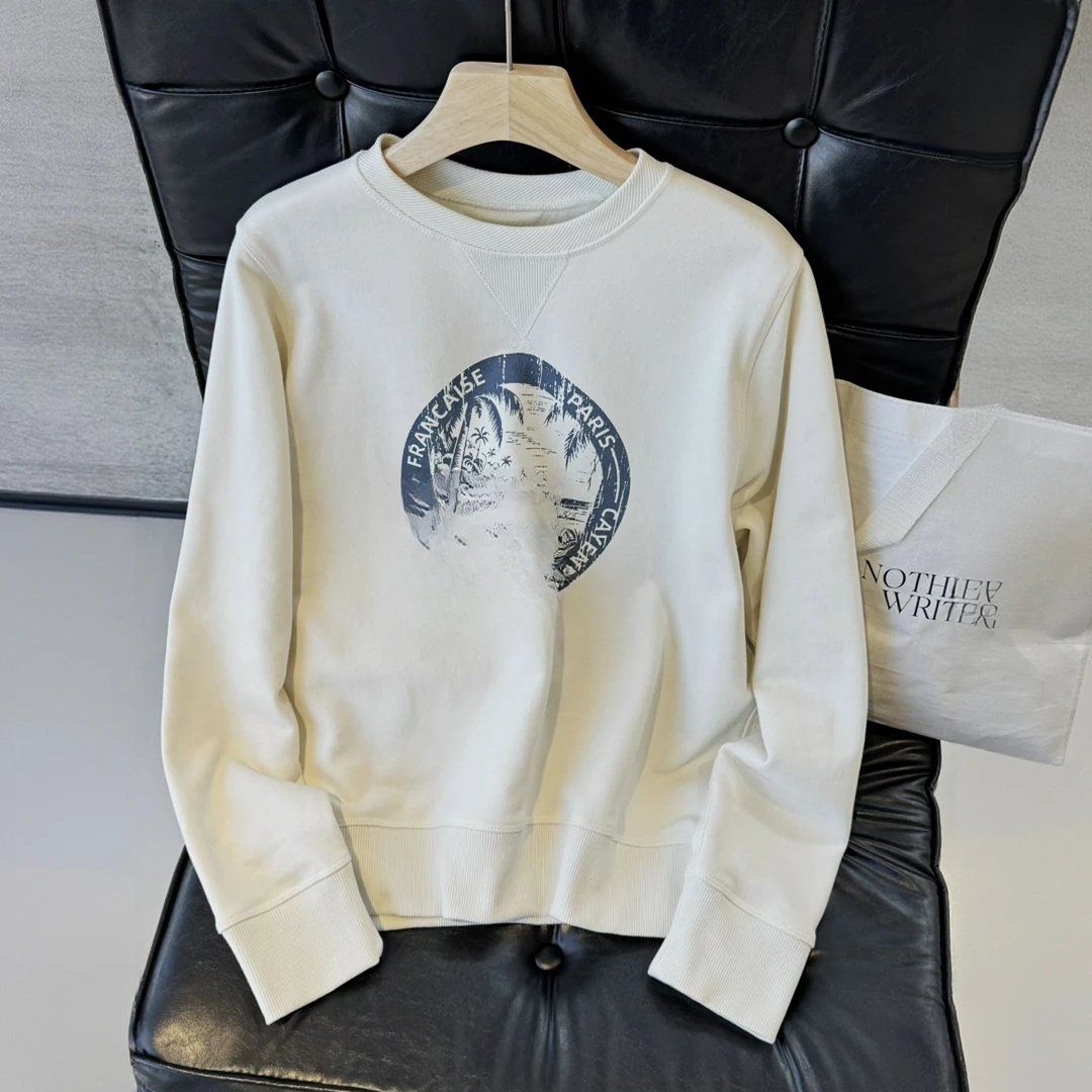 ANSEVEN/明星同款原创椰树加绒卫衣女冬季新款罗纹圆领套头上衣