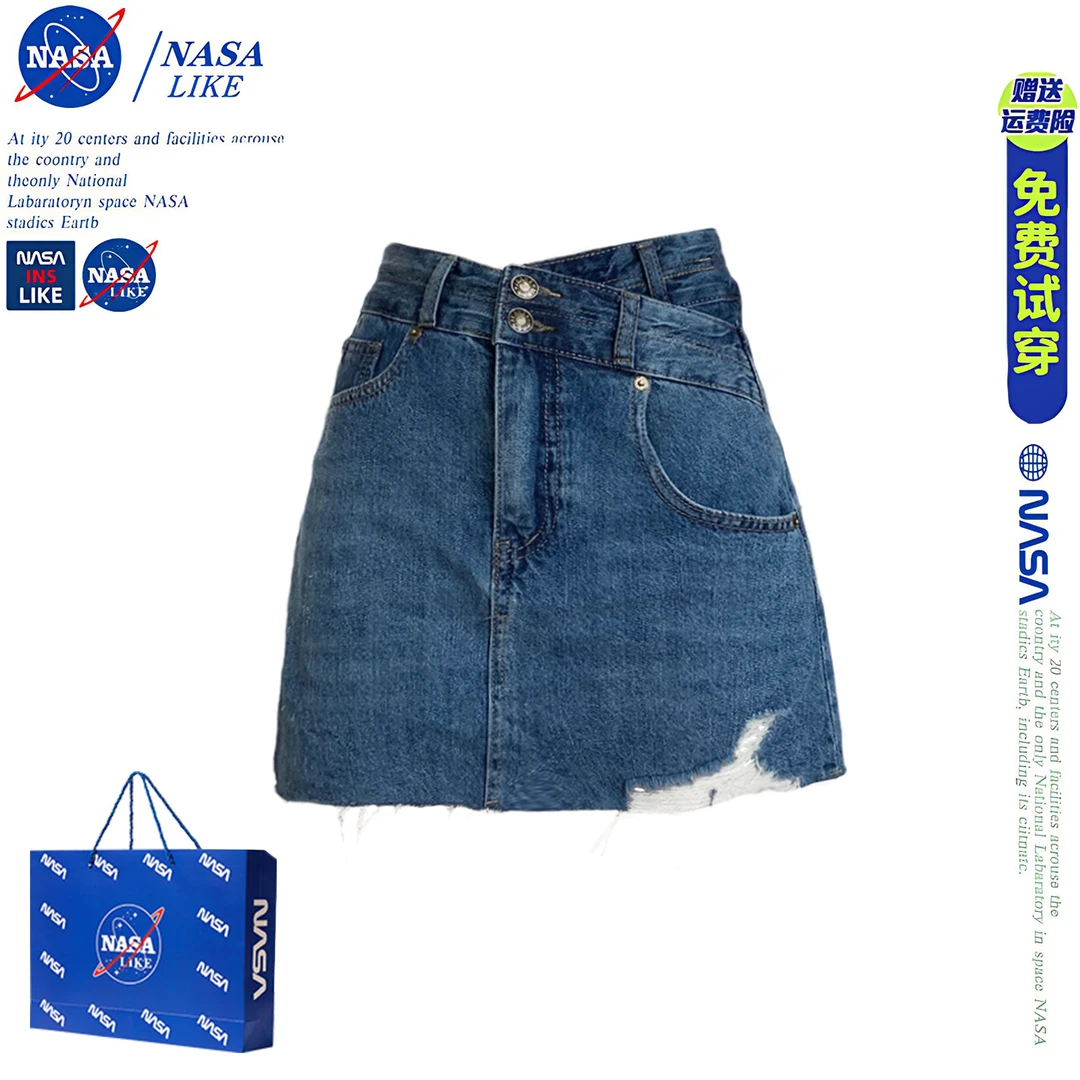 NASA设计感高腰不规则斜扣牛仔半身裙女夏显瘦破洞a字包臀短裙子