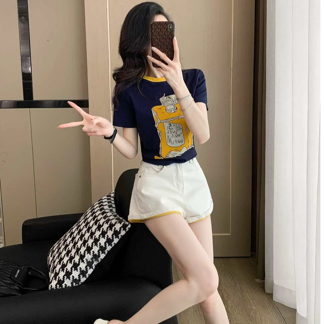 甜妹套装小个子圆领减龄短袖t恤高腰显瘦白色牛仔短裤洋气两件套