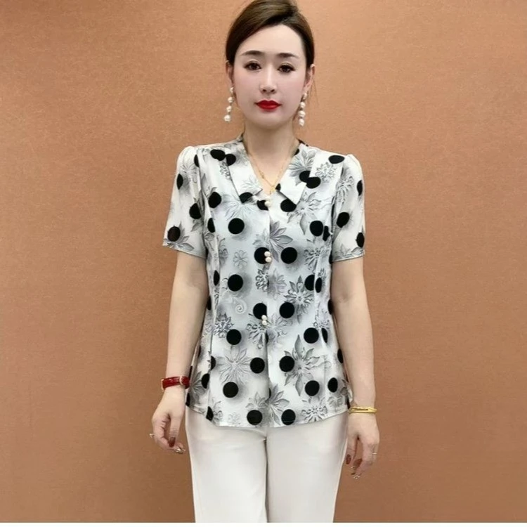 大码妈妈装夏季娃娃领短袖印花小衫X宽松中老年妈妈时尚减龄T恤