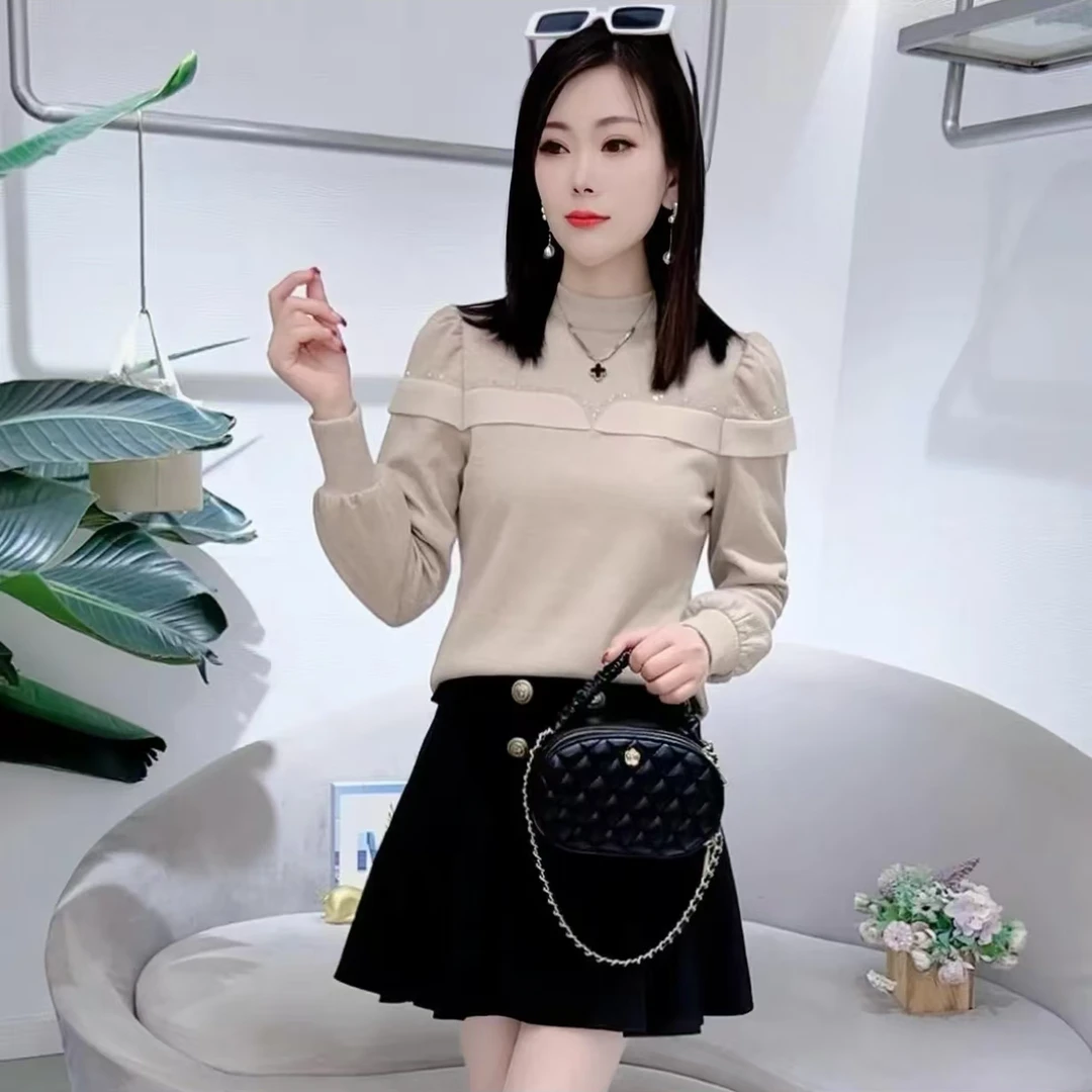 7527【衣长54】加绒加厚打底衫女士春季洋气显瘦半高领拼接蕾丝上衣