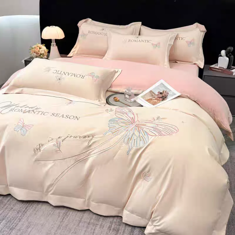 富安娜纯棉四件套60支纯色纯棉磨毛床笠轻奢裸睡简约风床上用品