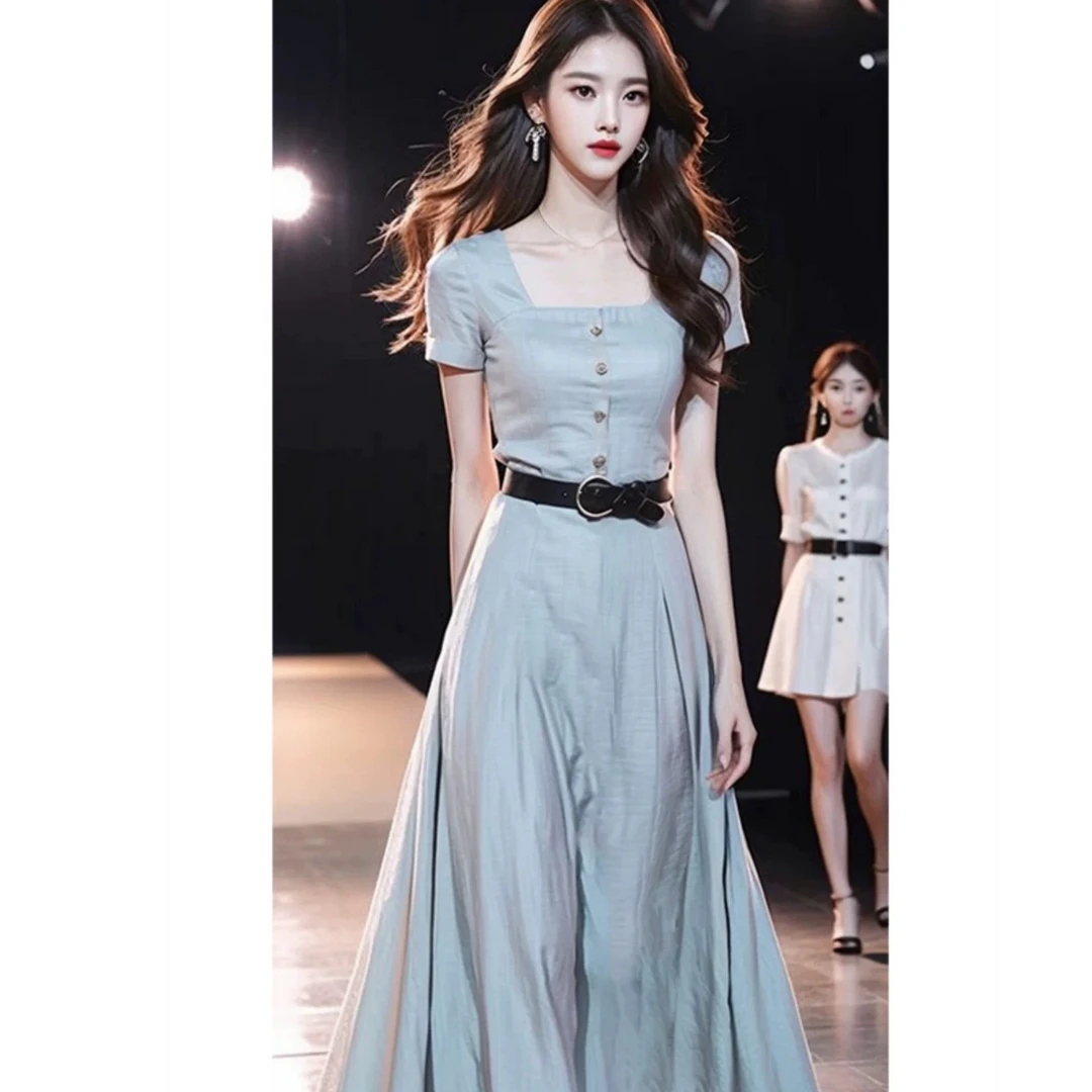2025新款轻奢高级感长裙法式气质绝美蓝色方领收腰连衣裙子女夏季