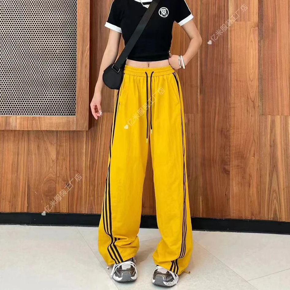 （潮九九.精选）夏季新款拼条裤子显瘦高腰运动休闲直筒拖地裤
