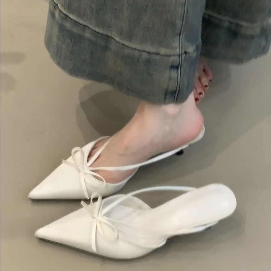 主图法式仙女蝴蝶结包头半拖鞋外穿2025一脚蹬低跟尖头气质凉鞋女