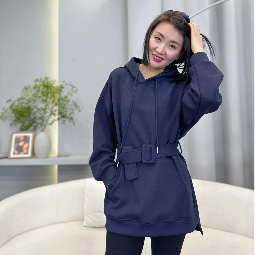 【小二嘿】25年新款厚款宽松设计感带腰带纯色连帽卫衣69803