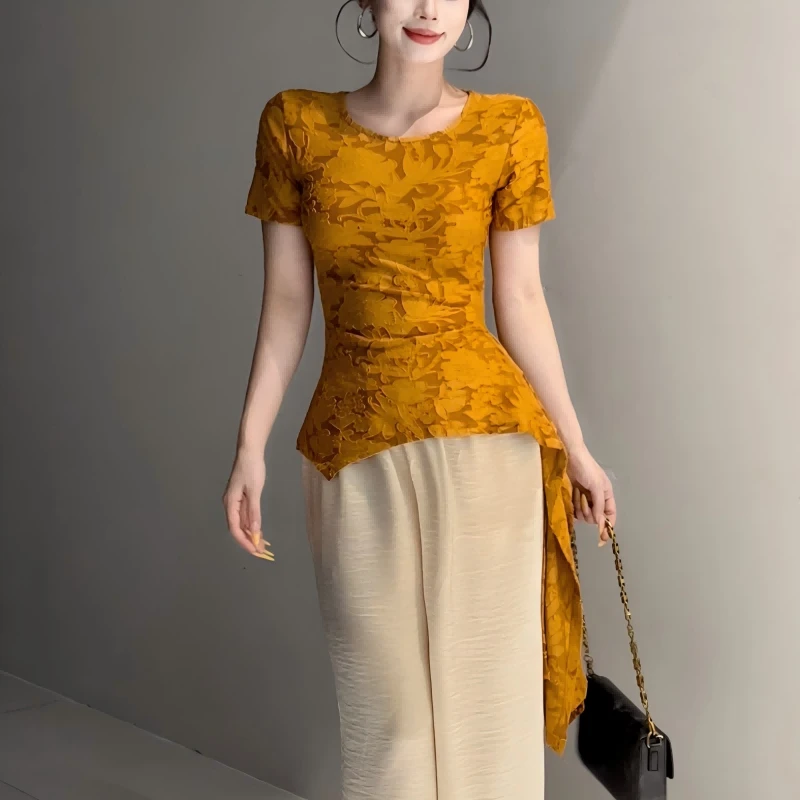 设计师短袖法式修身套装裤子休闲抗皱圆领气质