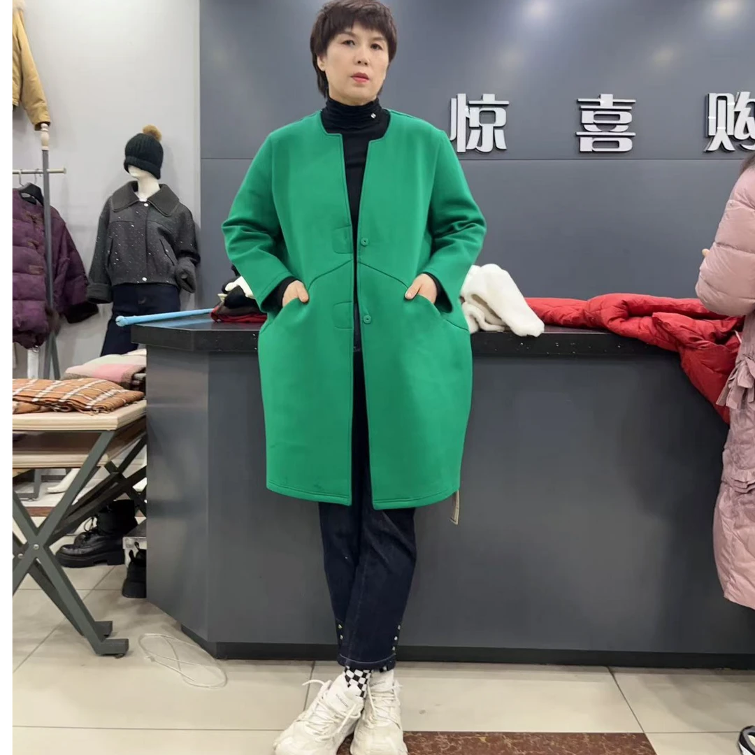 3170.天骄一生水无领绿风衣一字口袋中长款宽松休闲