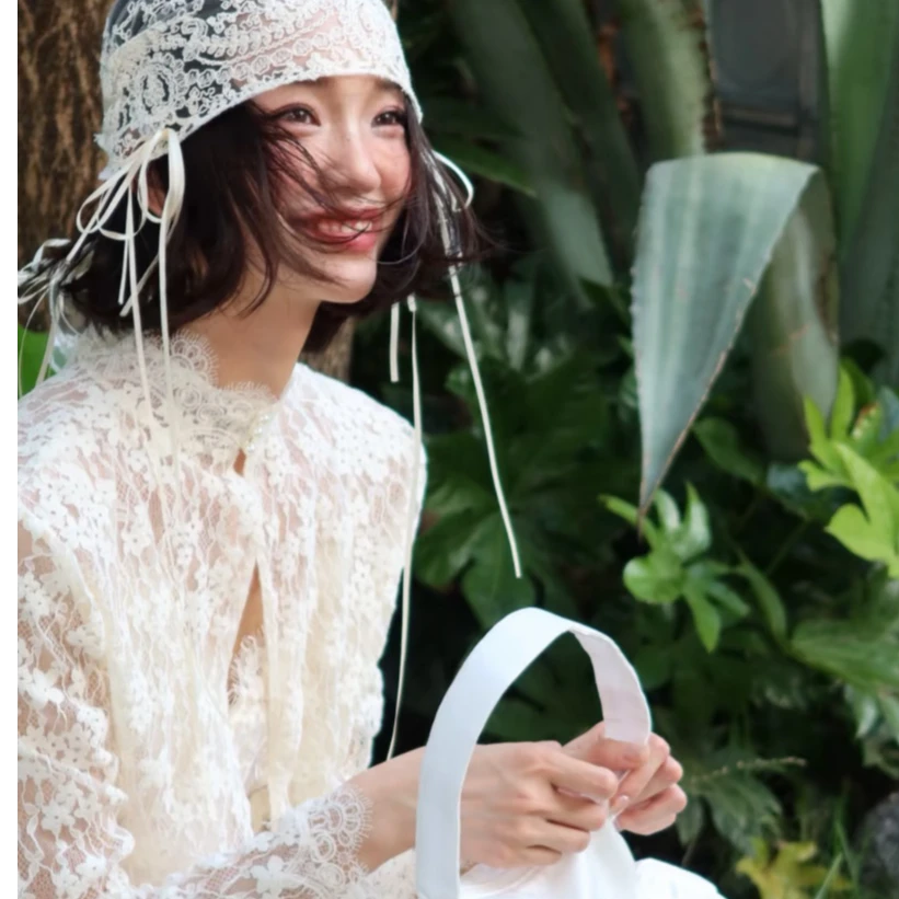 手作蕾丝蝴蝶结包头头纱新娘结婚盖茨比复古法式婚纱慵懒风头帽
