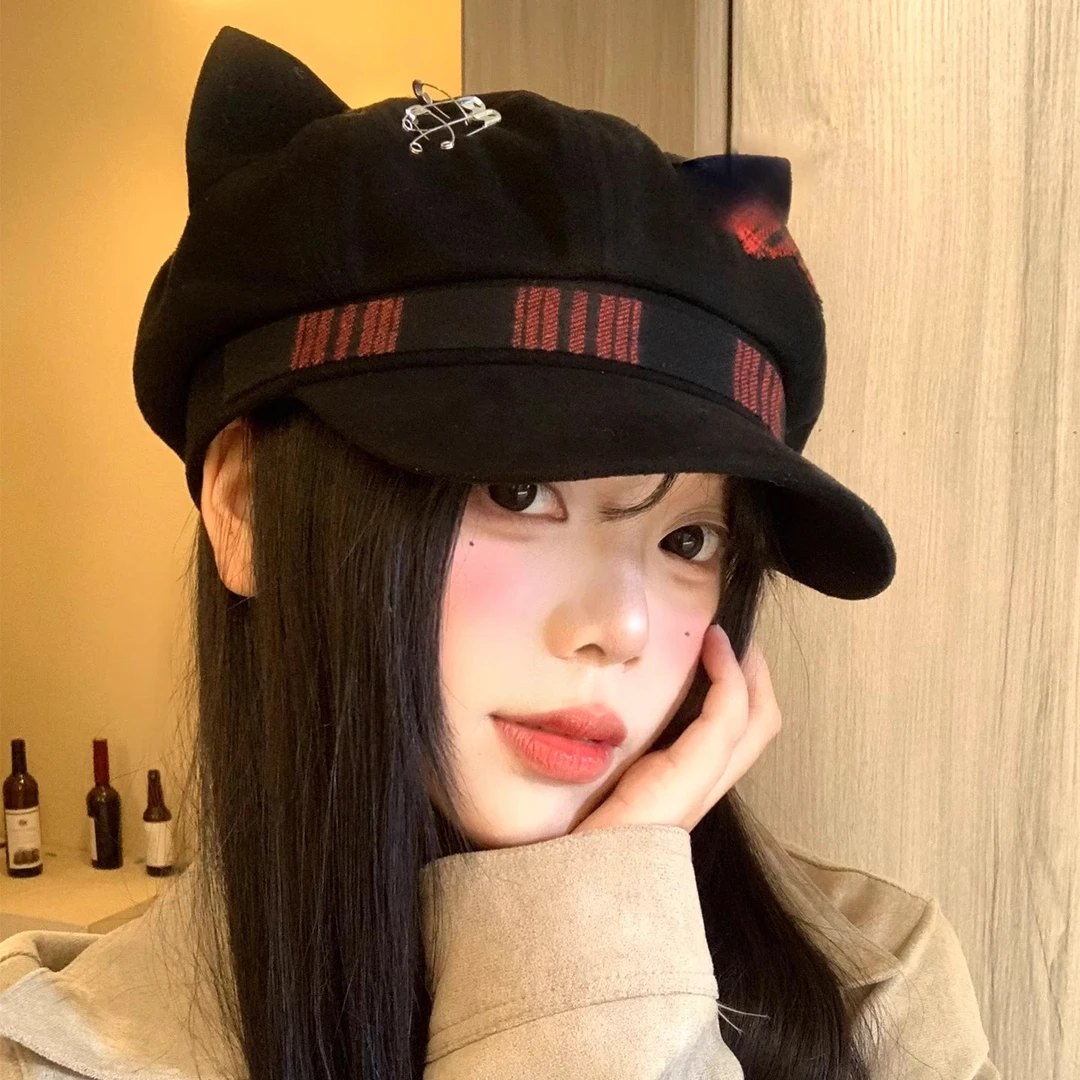 原创亚文化黑色朋克宅文化千禧辣妹贝雷帽子女秋季新款百搭八角帽