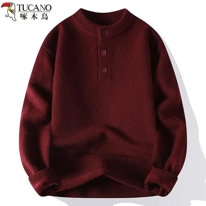 啄木鸟新年安哥拉红色针织衫本命蛇年春节氛围感圆领纽扣亨利领毛