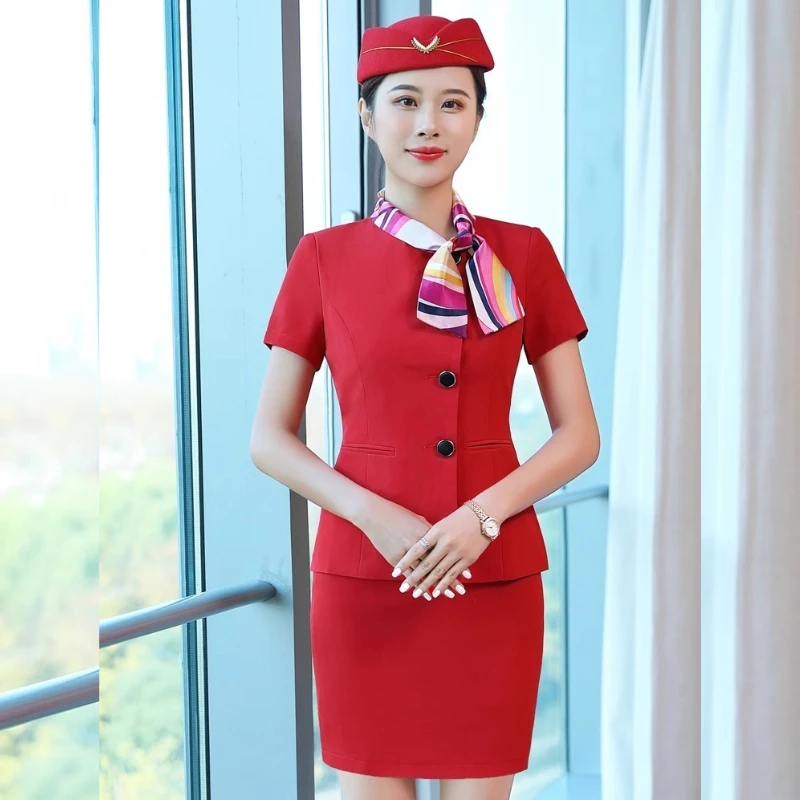 夏季短袖军鼓演出服空姐乘务员礼仪酒店前台收银餐饮服务员工作服