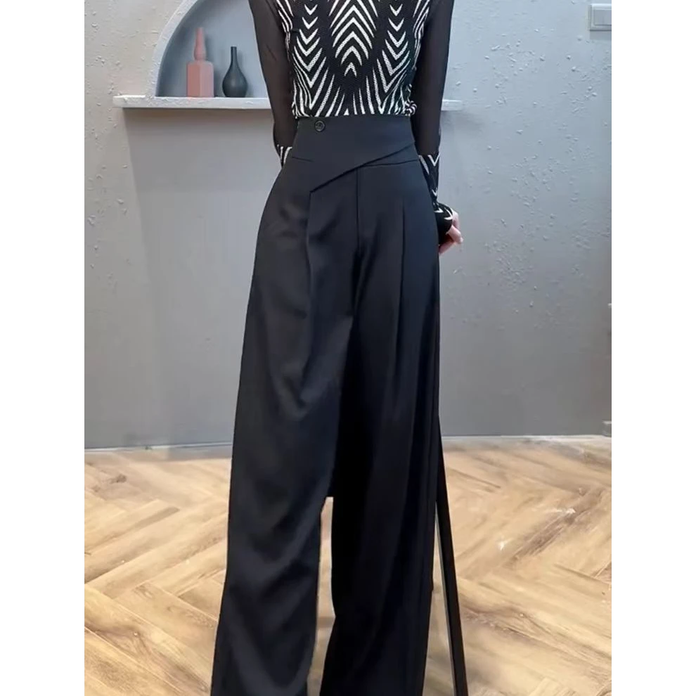 网红春夏季时尚西装黑色百搭西装裤直筒阔腿裤宽松高腰显瘦休闲裤