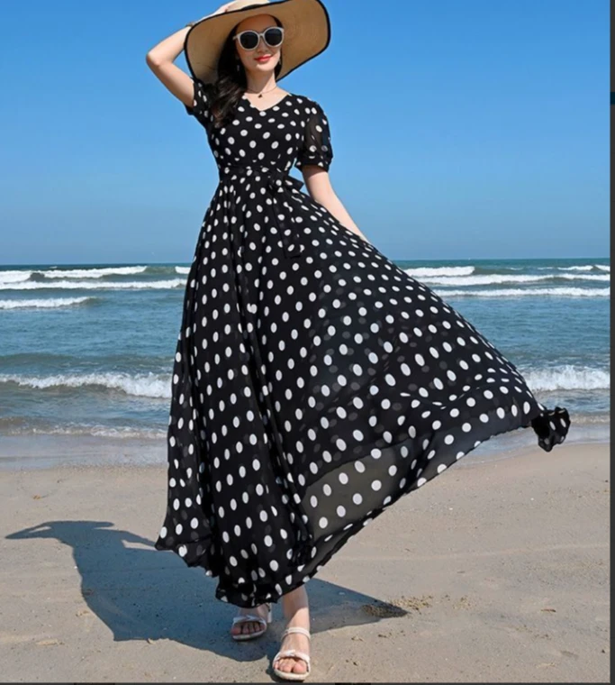 （90-160斤）波点显瘦裙子夏季圆点长裙短袖薄款连衣裙大摆问道联名