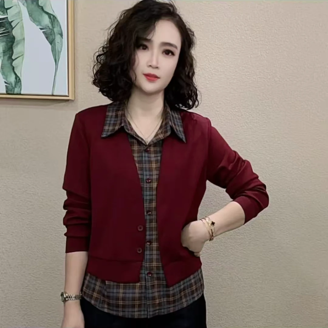 【茶芙巷】秋季时尚假两件设计感拼接格子长袖中老年女装【ZS】