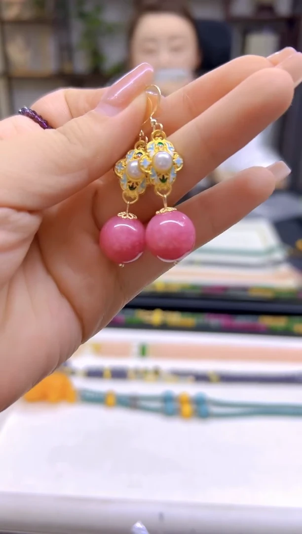 菱锰矿（红纹石）14K金镶嵌耳饰DIY款E798