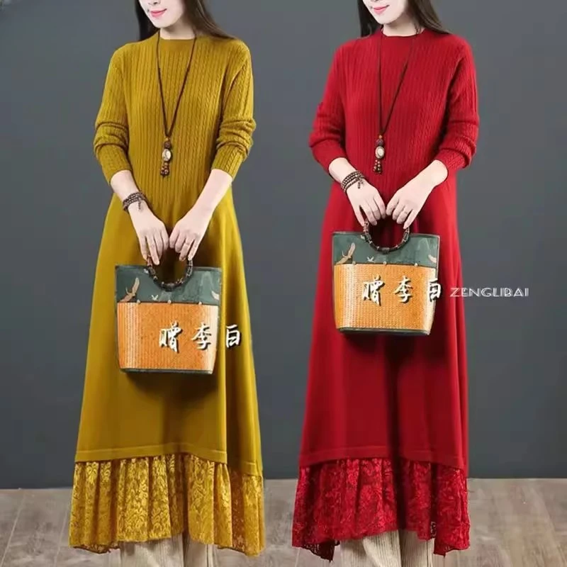 秋冬宽松大码长款过膝针织打底连衣裙洋气时尚文艺风配大衣毛衣裙