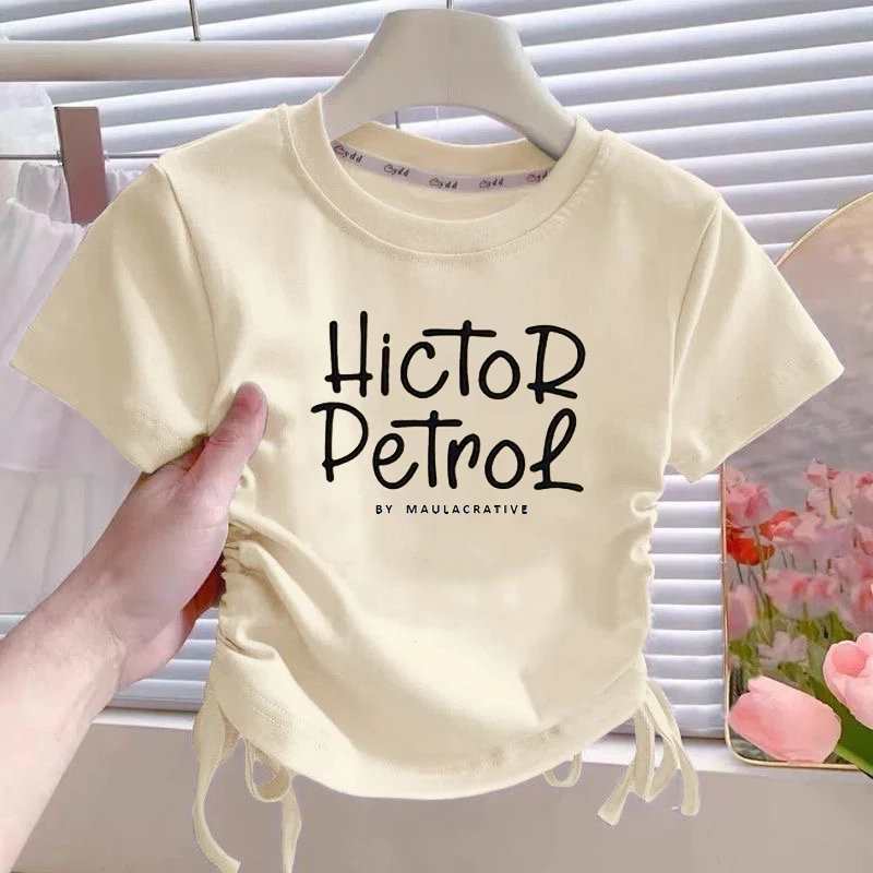 纯棉中大童字母印花女童2025新款夏季抽绳短款收腰短袖正肩高腰