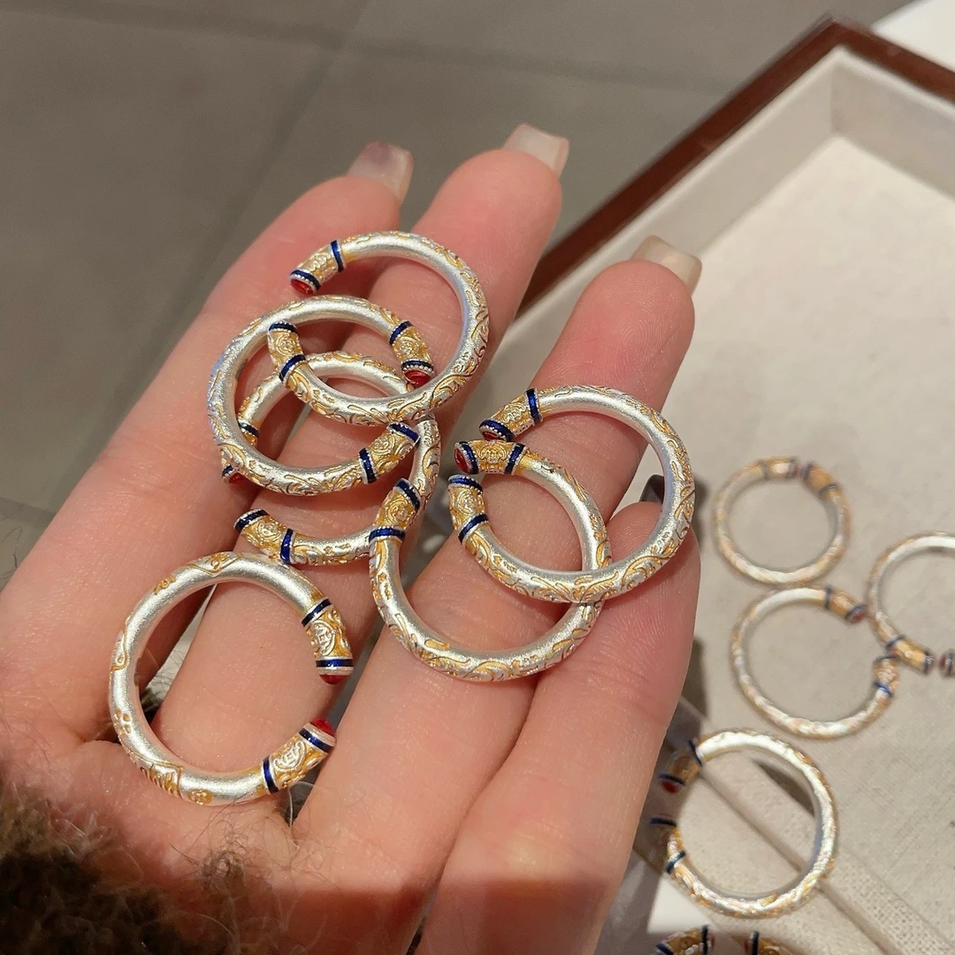 足银戒指 花生银铺「锦绣」实心吉言卷草纹戒指新中式足银999.9银戒