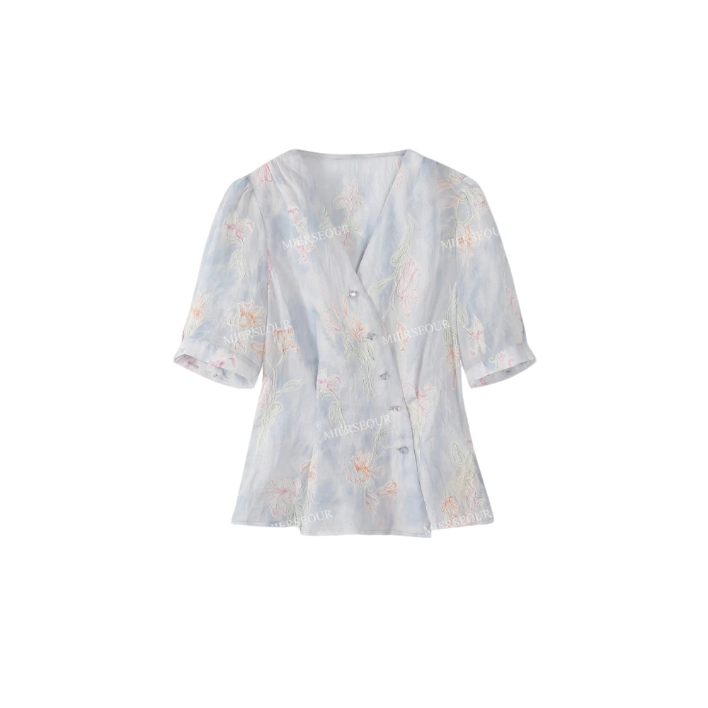 【封后轻奢设计】【蓝色鸢尾】法式花朵蕾丝刺绣上衣短袖2111