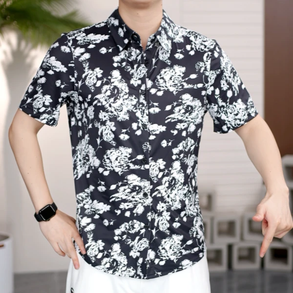 25年夏季轻薄透气夏威夷度假风宽松休闲港风痞帅垂坠短袖印花衬衫