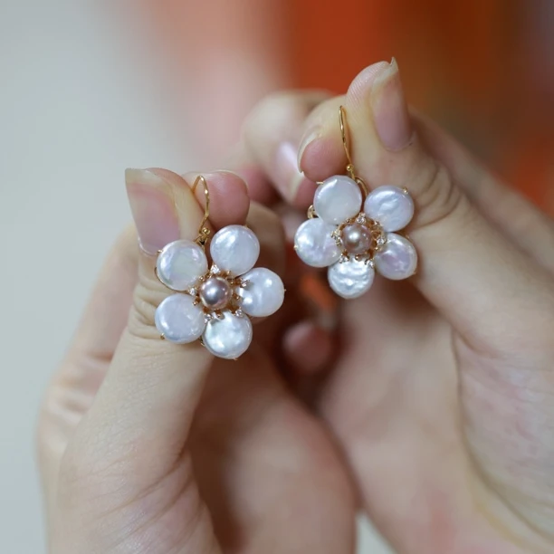 天然真珍珠925耳饰巴洛克花朵耳环法式复古2025年新潮耳饰