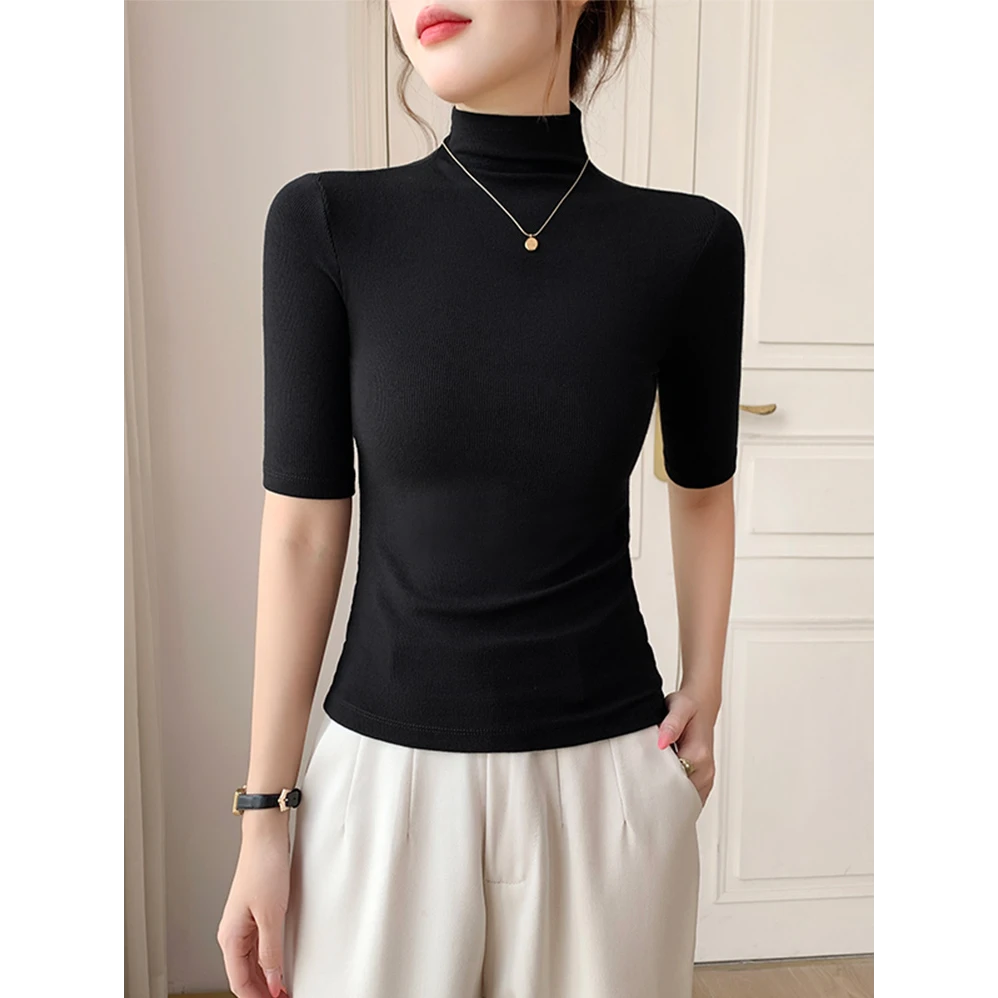 螺纹半高领中袖t恤女内搭春秋冬2025新款气质正肩修身打底上衣潮