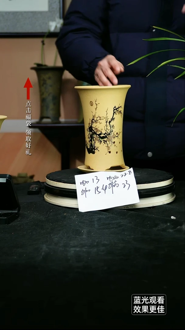 紫砂花盆紫砂花盆鱼籽段泥梅花刻绘一只带托