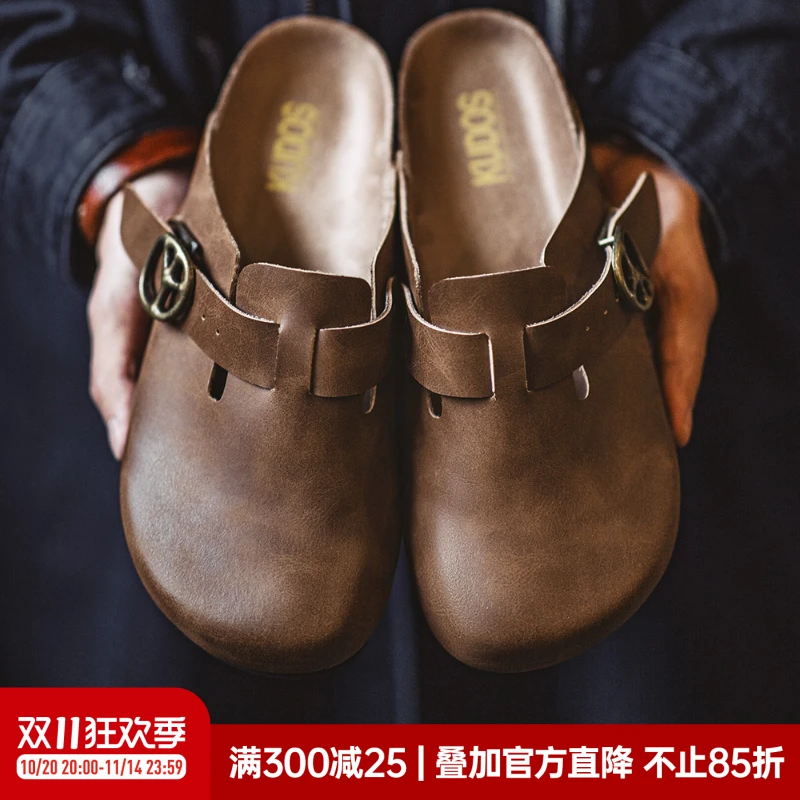 马登穆勒鞋疯马皮懒人半拖男鞋新款厚底外出穿软木包头鞋休闲拖鞋