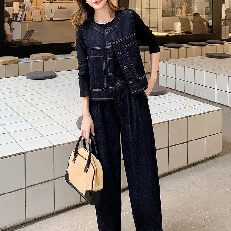 时尚牛仔套装女2025春秋季新款洋气减龄小众牛仔马甲牛仔裤两件套